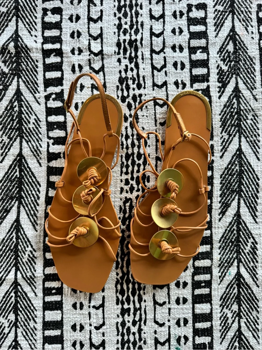Tory Burch Elba Camello Leather Strappy Sandals with Gold Disc Accents